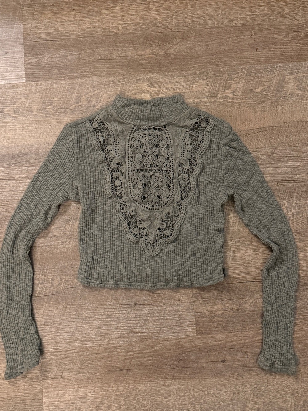 Charlotte Russe Sage Green Lace-Front Ribbed Mock Neck Top - Cropped